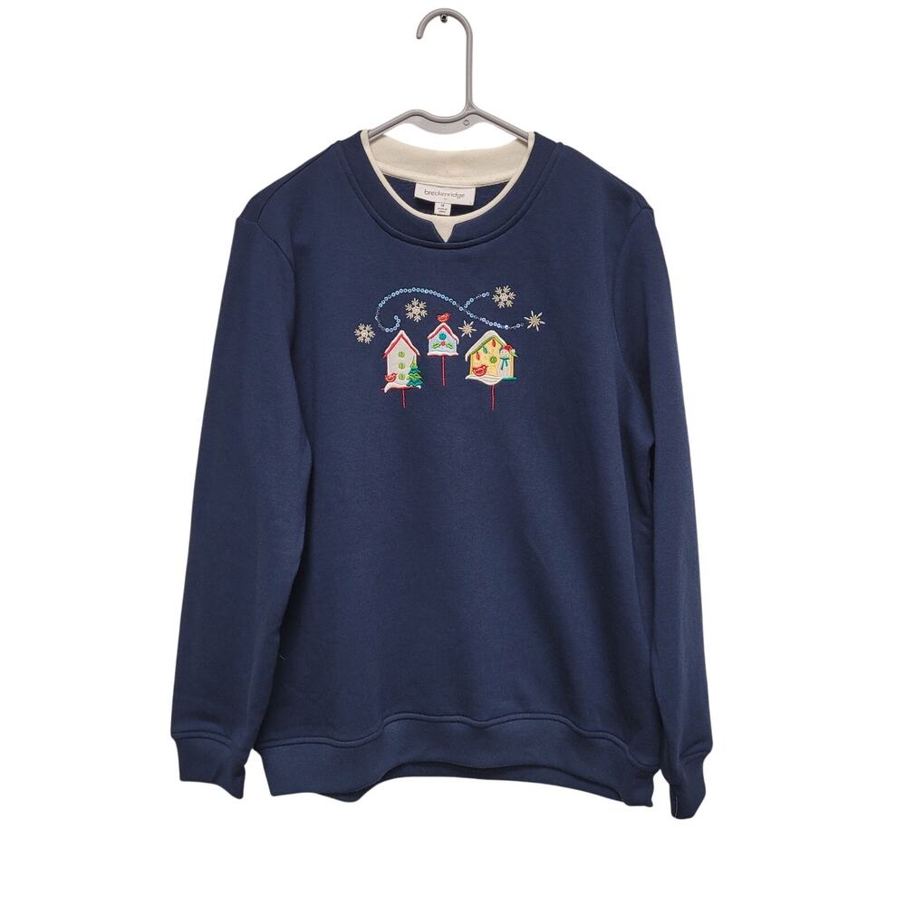 Breckenridge Navy Christmas Sweatshirt M Birdhouse Snowflake Holiday Cottage